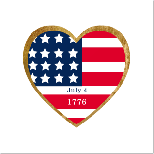 American Flag - Stars and Stripes red white blue in a gold heart  -  USA Independence Day Posters and Art